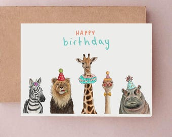 Safari Tiere Geburtstagskarte: Hand illustrierte Giraffe Design Geschenk, plastikfreie Verpackung