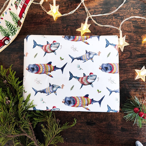 Christmas Sharks Gift Wrap | Christmas Animals Wrapping Paper | Christmas Wrapping Paper |Sharks in Jumpers Wrapping Paper |Gift Wrap Sheets