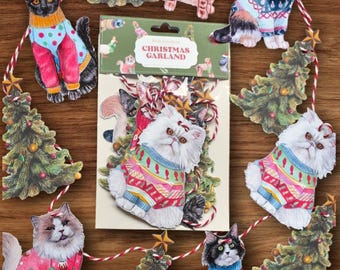 Christmas Cats Bunting, Paper Decorations on twine, Christmas Decor