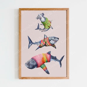 Sharks in Jumpers Print, Shark illustration, Great White Shark print, Whale Shark Print, nature-inspired wall art, Cute Sharks Art