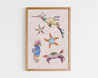 Sea Creatures in Jumpers Print, Seahorse illustration, Seadragon illustration, Starfish print, Sealife Wall Art, Whimsical Art