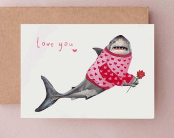 Shark Love Card, Romantic Hand drawn Gift, Funny Shark Anniversary Gift