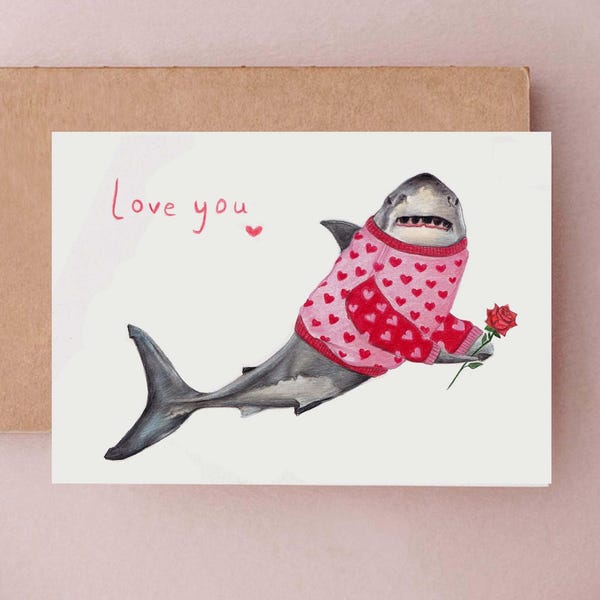Shark Valentines Card, Romantic Hand drawn Gift, Funny Shark Illustration