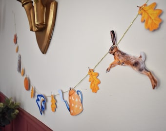 Autumn Bunting with Owl, Pumpkin, Pie, Teapot, Hare and Leaves Gift