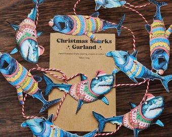 Shark Christmas Bunting, Paper Garland Decorations on twine, Quirky Eclectic Christmas Decor