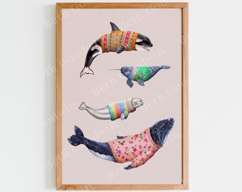 Whales in Jumpers Print, Whale Illustration, Whales Poster, Whale Drawing