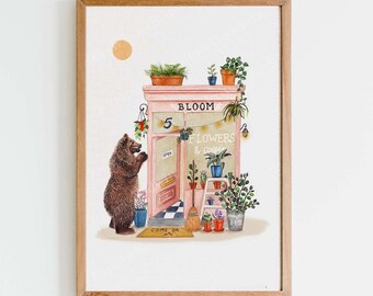 Bear & The Florist art print, Bear Illustration, Grizzly Bear Print, Whimsical Quirky Art