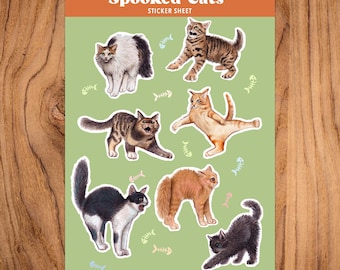 Funny Spooked Cats Vinyl Sticker Sheet - 7x5inch Sticker Sheet for Journalling, Notebooks, Water Bottles, Kindles