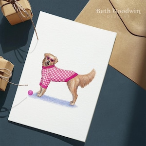 Happy Golden Retriever in Pink Sweater Greetings Card, Puppe inspirierte Karte