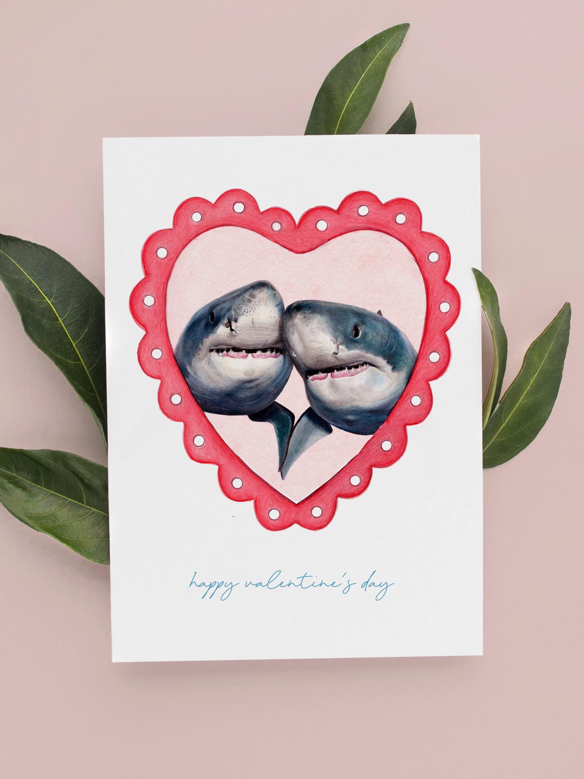 Romantic Shark Valentines Card, Shark Art, Romantic Hand Drawn Great ...