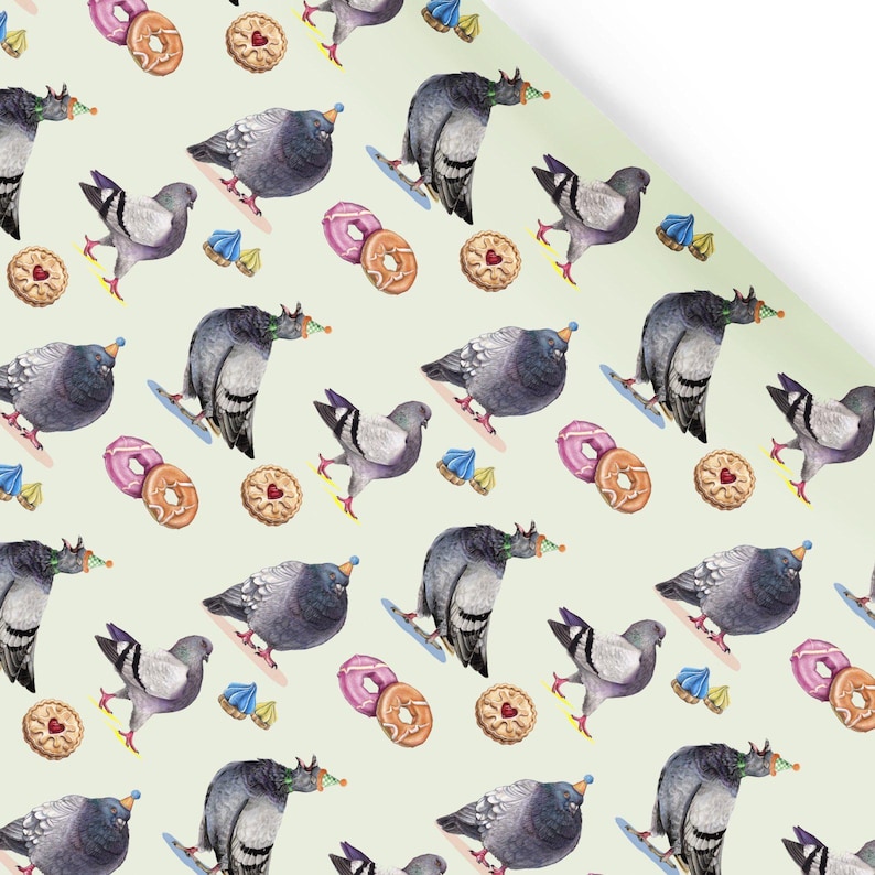 Pigeons & Biscuits Wrapping Paper: Hand-Illustrated Birthday Wrapping Paper image 1