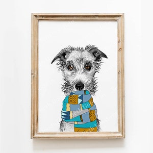 An art print of a grey Bedlington Whippet Lurcher wearing a yellow and blue scarf