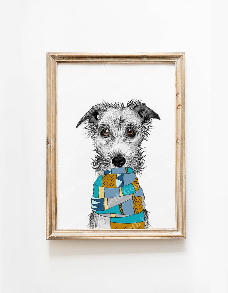 An art print of a grey Bedlington Whippet Lurcher wearing a yellow and blue scarf