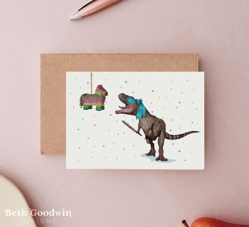 Dinosaur Piñata Birthday Card, Birthday Cards, T-Rex Birthday Card, Funny Piñata Card, Funny Cards, Funny Birthday Card, Cards for Him image 1