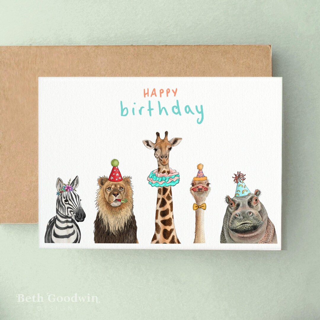 Safari Party Animals Birthday Card - Birthday Card for for Her, Children's  Birthday Card Gift - Etsy, image size:1080x1080