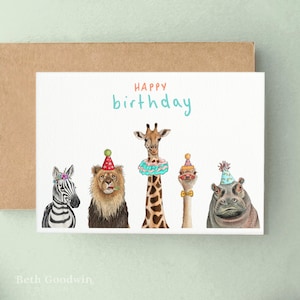 Safari birthday Card, Cute animal card, Party animals card for Children, Children's Birthday Card