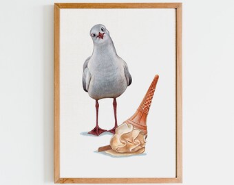 Funny Seagull Print, Seagull Wall Decor, Funny Kitchen Art, Bird Art, Food Art for Kitchen, Ice Cream Print
