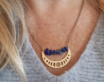 Lapis lazuli Moon necklace and brass lace chain