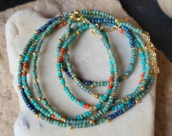 Japanese glass seed bead necklace, turquoise, terracotta, cobalt, 18-carat gold, bohemian boho.