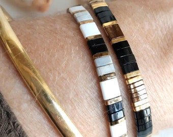 Japanese bracelet in minimalist miyuki Tila bead, black brown gray khaki, gold plated, gift, flat glass bead.