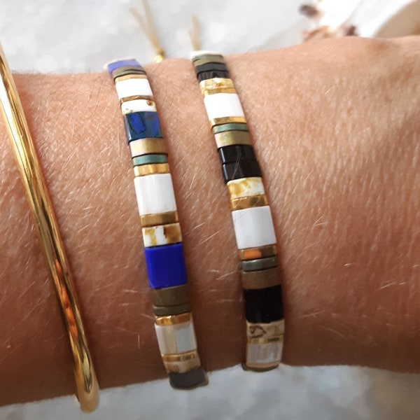 Bracelet fin bohème en perles japonaises tila, noir blanc ou bleu blanc avec du doré (24K) deux coloris aux choix, cadeau