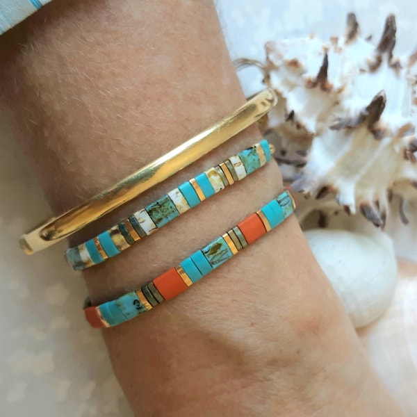 Bracelet en perle Japonais Miyuki Tila corail, turquoise et dorés (24K), bracelet tendance boho bohème, cadeau, macramé ajustable.