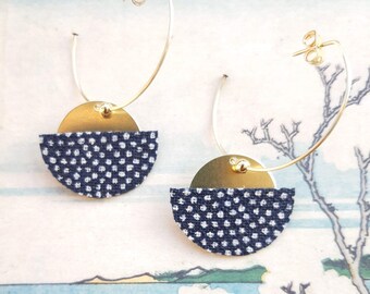 Half moon creole earrings / traditional japanese fabric, gold 24K, miyuki