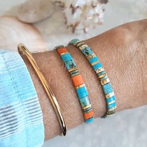 Tila bracelet for women, Japanese miyuki Tila bead, coral, turquoise blue, 24 carat gold, boho bracelet, adjustable, women's gift