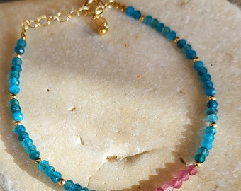 APATITE and TOURMALINE bracelet, natural AAA precious stones, 18 carat gold, gems, blue, pink bracelet, boho chic, women's gift.