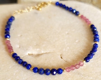 Fine real LAPIS Lazuli and pink TOURMALINE bracelet, AAA natural stones, 18 carat gold, boho chic, blue bracelet, women's gift