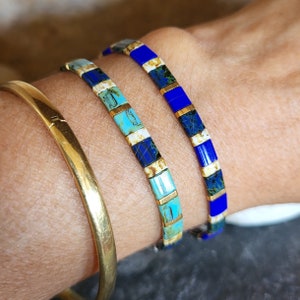 Japanese Miyuki Beaded Tila Bracelet for Women, Cobalt Blue, Turquoise, 24K Gold, Adjustable Tila Bead Bracelet, Flat Square Bead