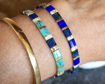 Colorful bracelet in cobalt blue, turquoise and gold (24K) Japanese Miyuki glass beads, trendy boho bohemian bracelet, women's gift