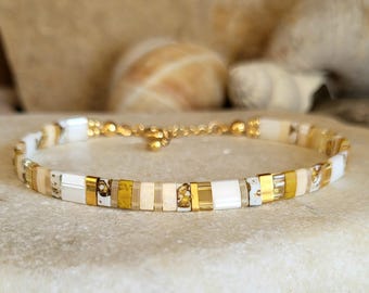 Pulsera ajustable Miyuki Tila para mujer, color blanco iridiscente, amarillo ocre, blanco, pulsera de cadena de oro de 24 quilates, cuentas de cristal japonés Miyuki, regalo