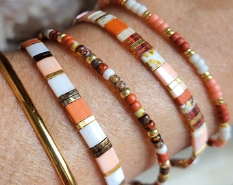 Adjustable Miyuki Tila bracelets for women, terracotta coral, pink, white, gold, choice of cord or chain, Miyuki seed bead bracelet.