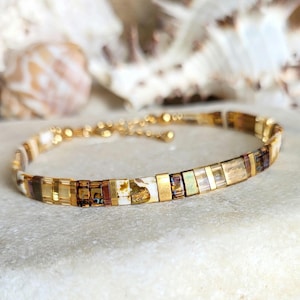 Verstellbares Tila Miyuki Armband für Damen, braun, gold, weiß, beige, schimmernder Ocker und 24-karätiges Gold, japanisches Perlenarmband, Geschenk für sie