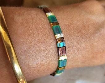 Colorful bracelet in green, blue, brown and gold Japanese Miyuki glass beads (24K), trendy boho boho bracelet, women's gift