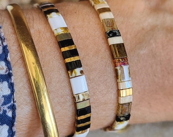 Miyuki Tila bracelet for women, black, white, bronze gold, adjustable cord or 24k chain, Japanese glass bead.