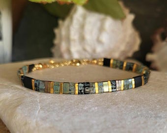 Pulsera Tila Miyuki para mujer, negro moteado, verde caqui iridiscente, gris, dorado, cuentas japonesas Miyuki, pulsera ajustable con cadena de oro de 24k.
