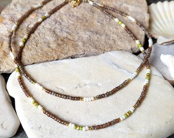 Japanese glass seed bead necklace, brown, white, green, 24 carat gold, bohemian boho.