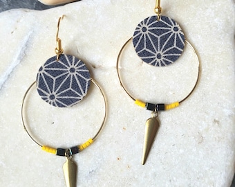 Japanese Star hoop earrings, 24K gold plated / 2 colors to choose from: red or blue, traditional Japanese motif, handmade