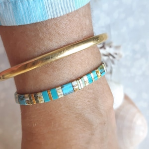 Bracelet en perle Japonais Miyuki Tila corail, turquoise et dorés 24K, bracelet tendance boho bohème, cadeau, macramé ajustable. image 7