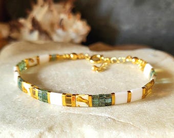 Pulsera Tila Miyuki para mujer, en cuentas ocre iridiscente, verde mar y marfil dorado, pulsera de cadena ajustable en oro de 24 quilates, cuentas japonesas, regalo