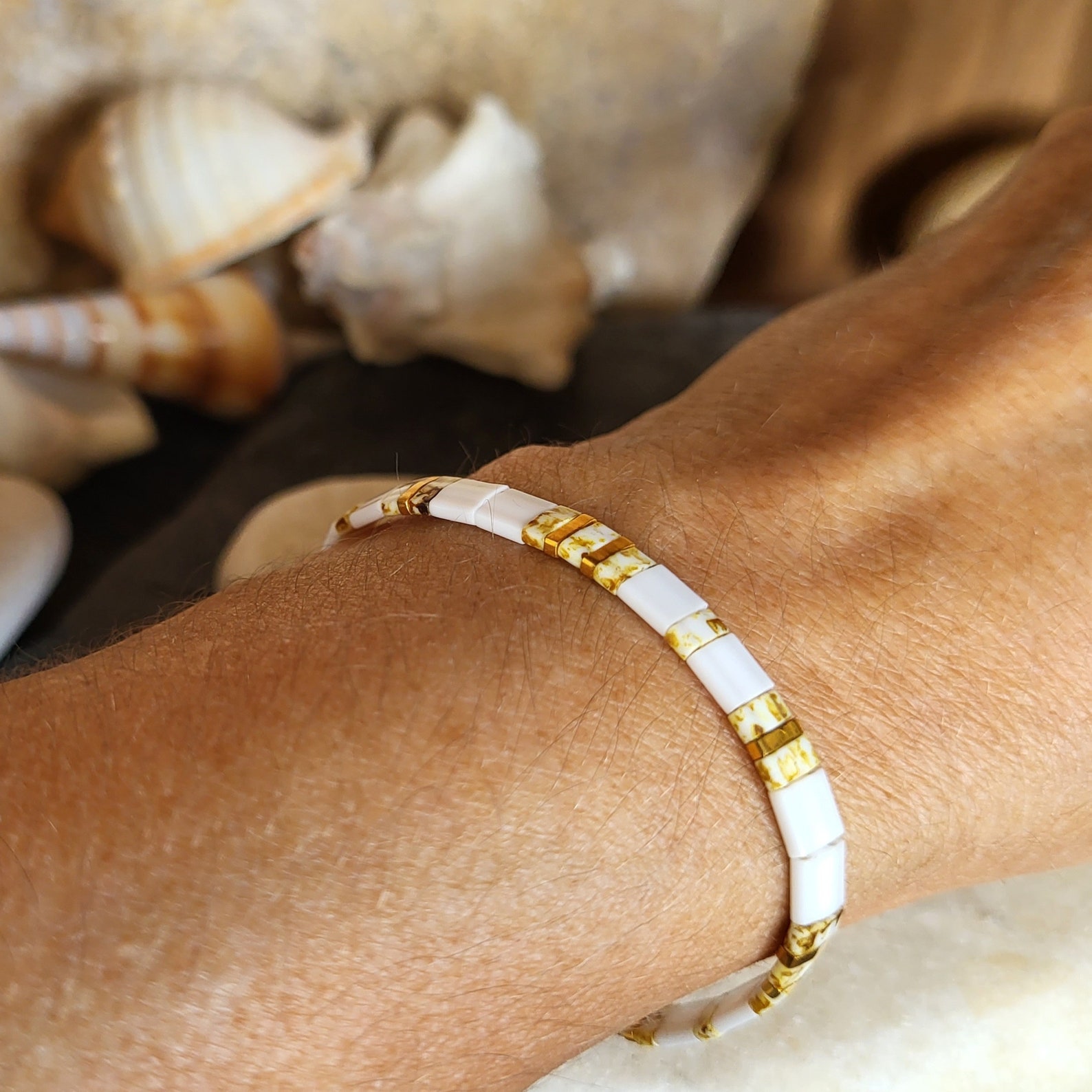 Bracelet Ajustable En Perles Miyuki Tila - Blanc, Doré Et Turquoise - Fait Main - Neuf