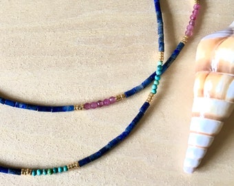 Lapis lazuli stone necklace with turquoise beads or pink tourmalines, natural stones, gems, 18K fine gold gilding