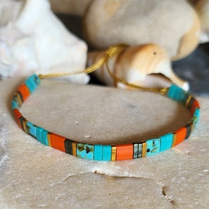 Japanese Miyuki Tila coral, turquoise and gold bead bracelet 24K, trendy boho boho bracelet, gift, adjustable macramé. image 4