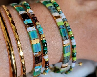 Bracelet Perles Miyuki Ajustable Vert Et Argent - Perles En Verre Japonaises, Fait Main, Neuf Sans étiquette