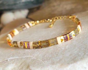 Pulsera de cuentas Miyuki Tila para mujer, ocre, dorado, beige, iridiscente, pulsera de cadena ajustable de 24k, cuenta japonesa Miyuki Tila, regalo para ella