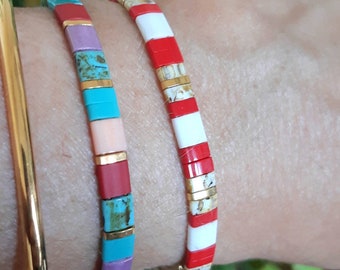 Fine bracelet in red, turquoise and 24K gold Japanese Tila flat beads, 2 colors to choose from, boho bracelet, women's gift.