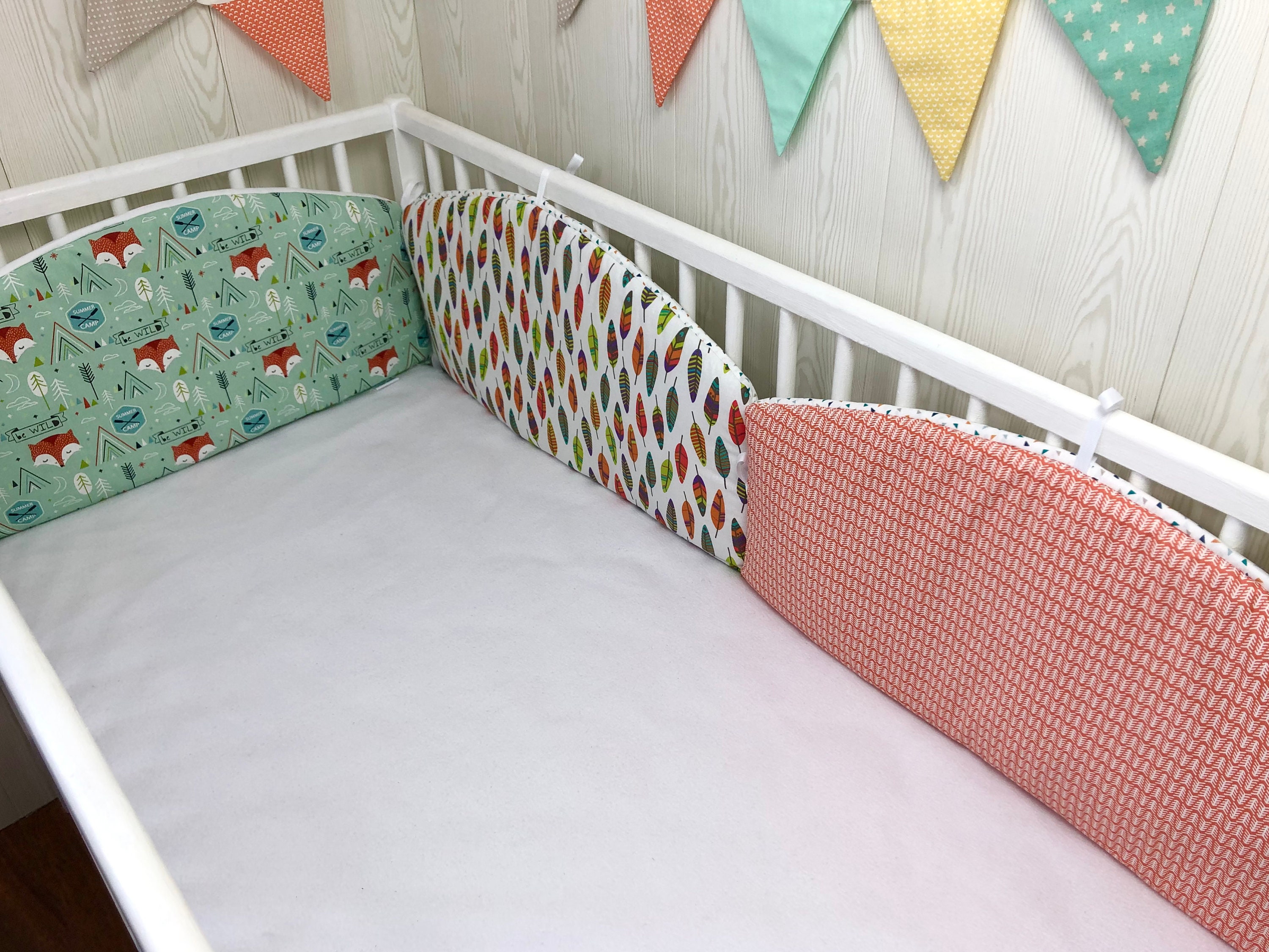 Tour de Lit Bébé, 3 Panneaux, Thème Renard, Plumes et Nature