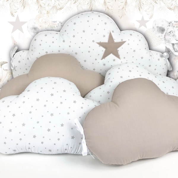 Ensemble de 5 coussins nuages étoiles beiges et beige uni (1 grand + 4 petits)